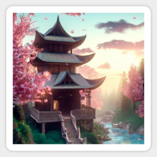 Ancient Temple among the Sakura Trees and Forest Rivers Sticker